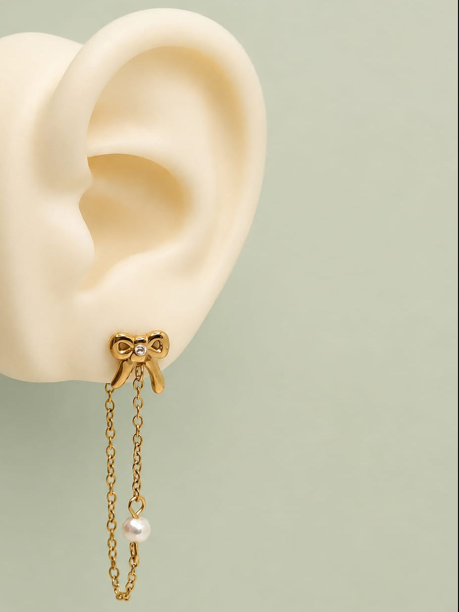 Orecchino Bow Chain Perla